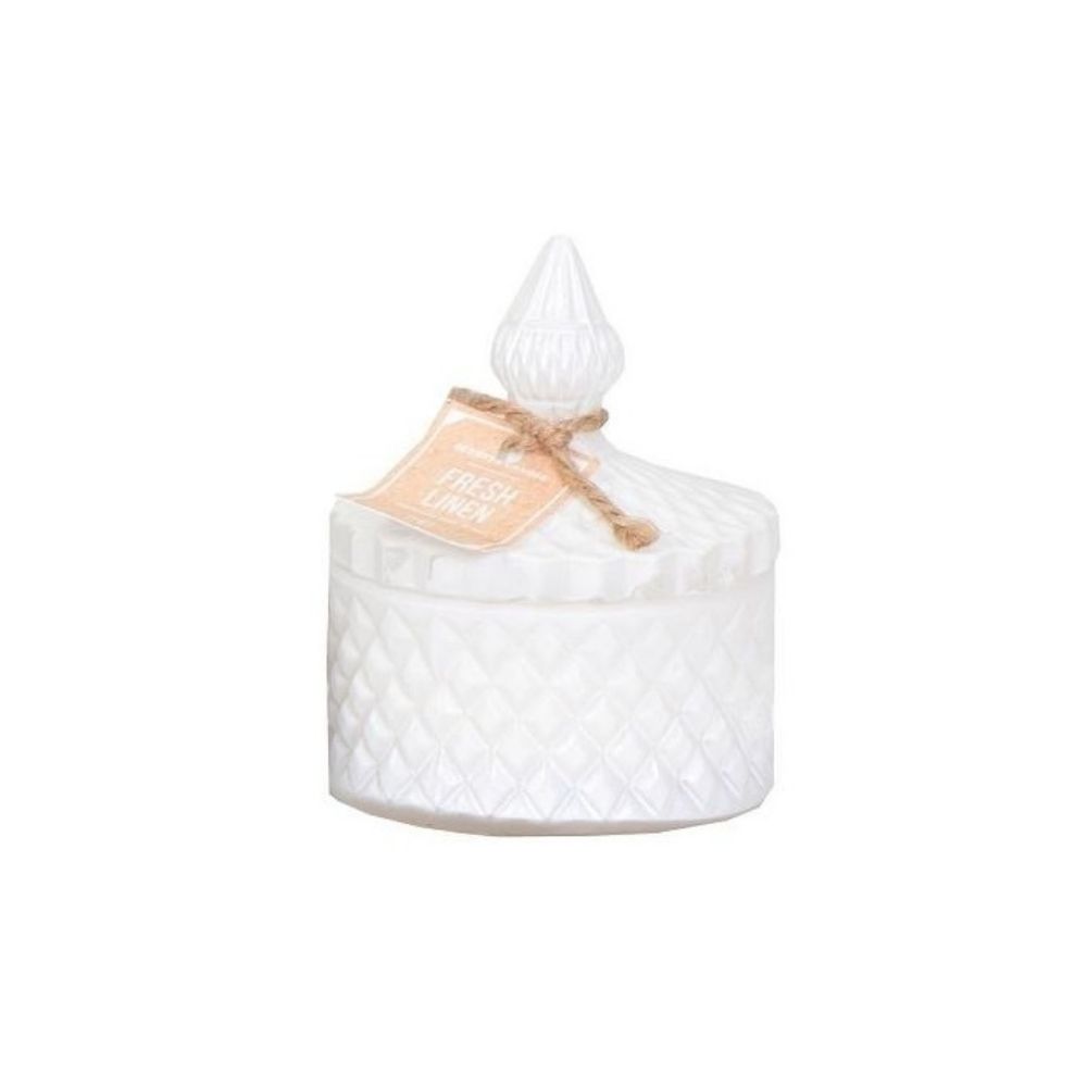 aromatiko-diakosmitiko-keri-fresh-linen-img Ένα λευκό βάζο με καπάκι και μπεζ ετικέτα
