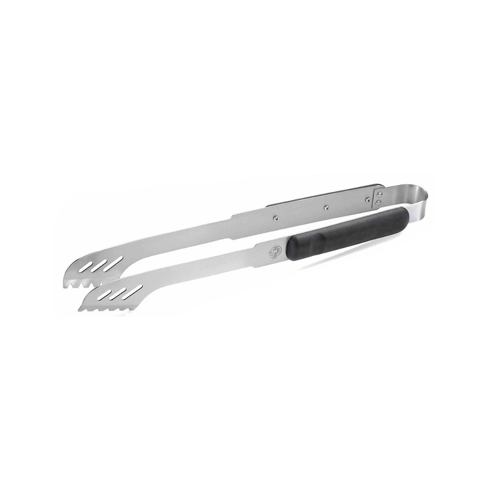 anoxeidoti-atsalini-lavida-bbq-gefu Μία μεταλλική λαβίδα ψησίματος με μαύρες πλαστικές λαβές σε λευκό φόντο