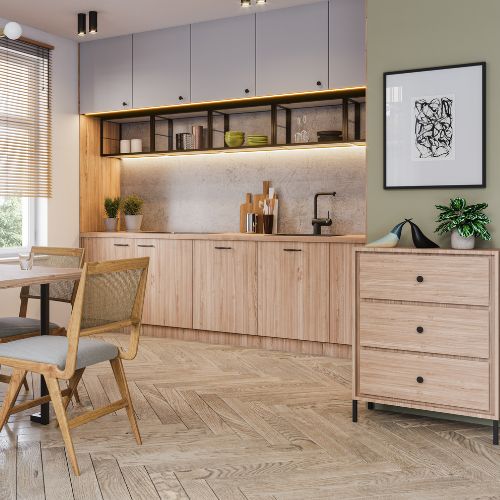 Μία κουζίνα σε δρύινη απόχρωση στης οποίας τα ράφια βρίσκονται τοποθετημένοι μαύροι μεταλλικοί σκελετοί ραφιών