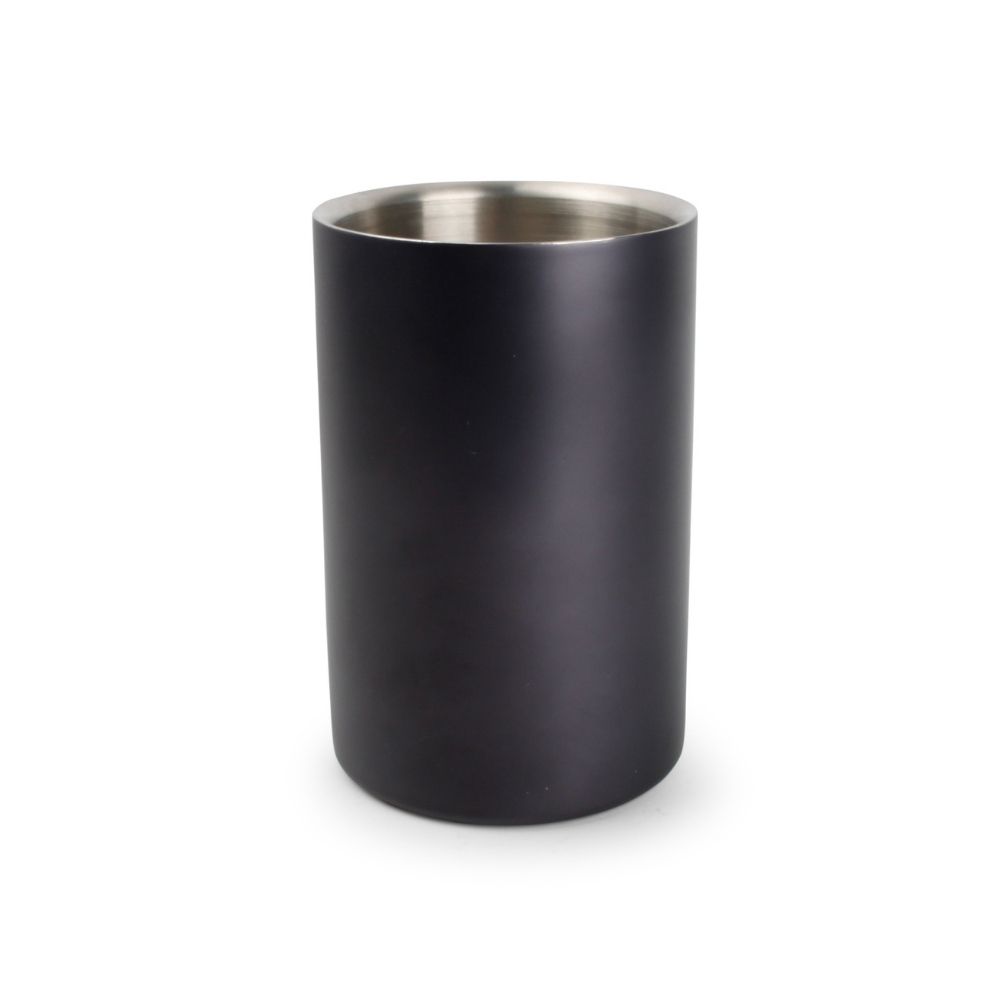 Μία μαύρη μεταλλική ισοθερμική παγοθήκη για μπουκάλια κρασιού