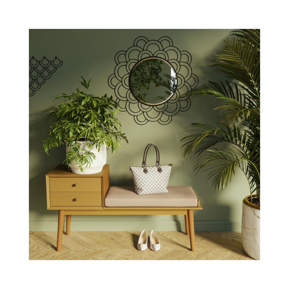 kathreptis-laser-cut-ls-mayros-husk-img2 Ένας μεταλλικός μαύρος διακοσμητικός καθρέπτης σε πράσινο τοίχο με φυτά από γύρο