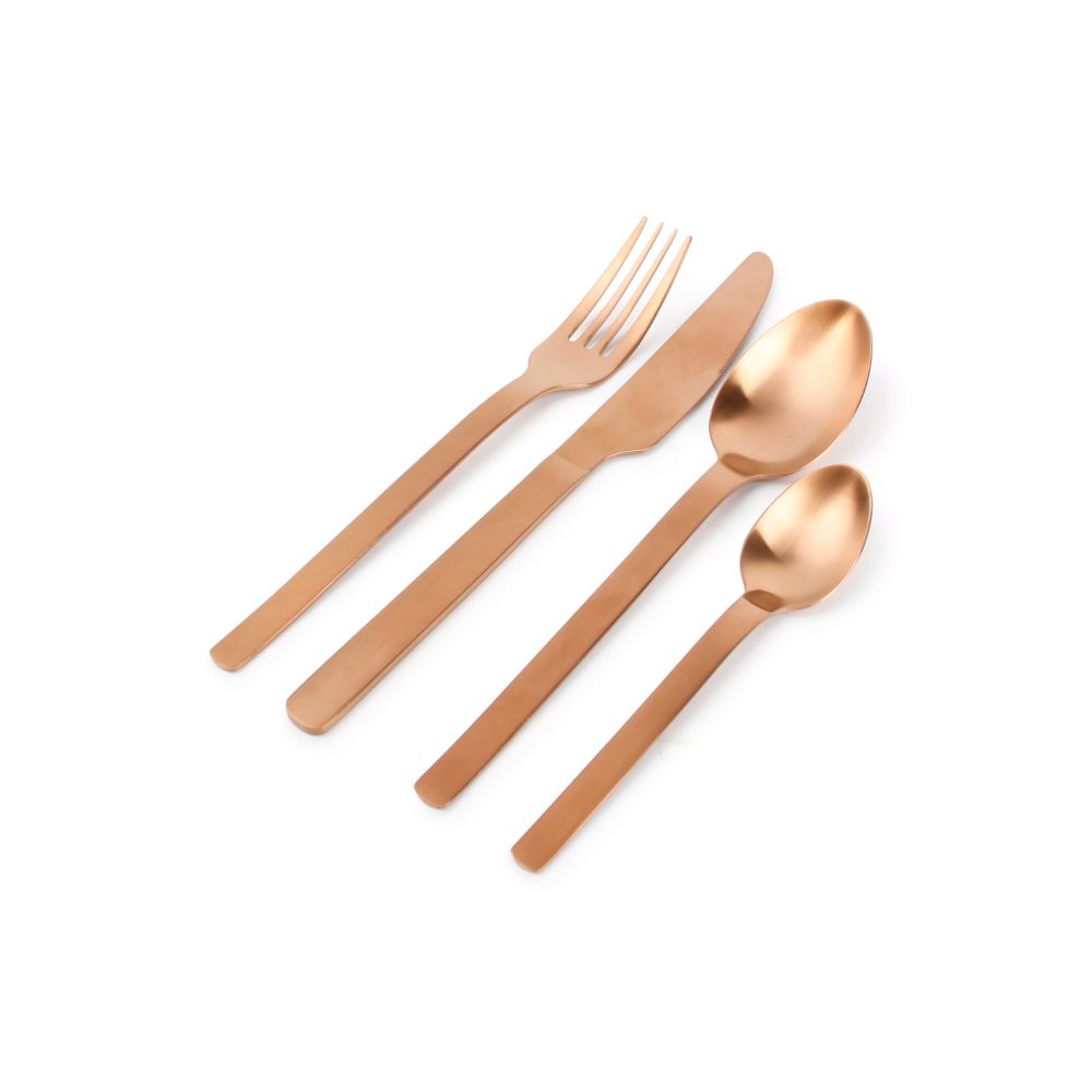 Μία τετράδα από μαχαίρι, πιρούνι και κουτάλια σε χρώμα ροζ χρυσό