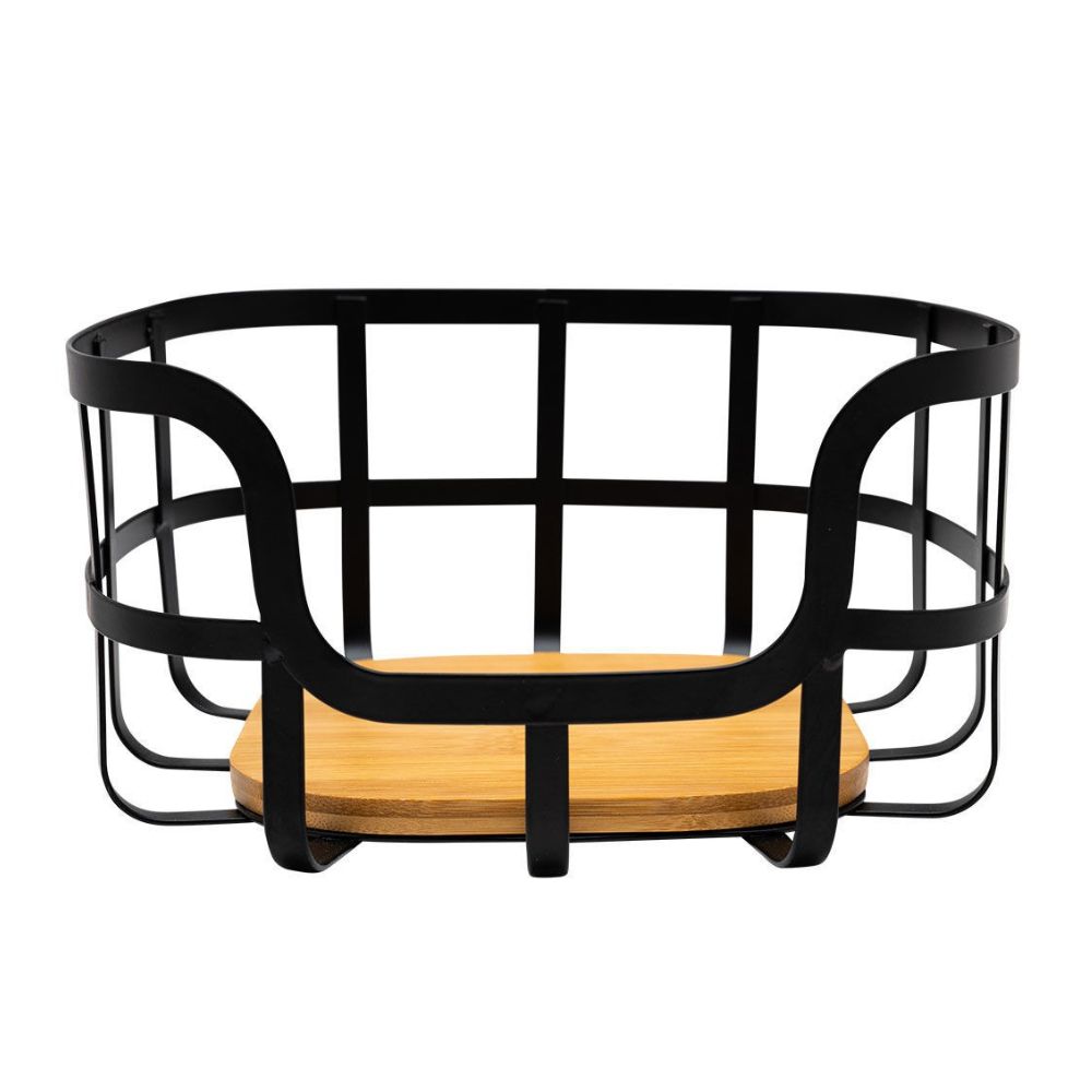 Μία μεταλλική φρουτιέρα με βάση από ξύλο μπαμπού φωτογραφισμένη πλάγια