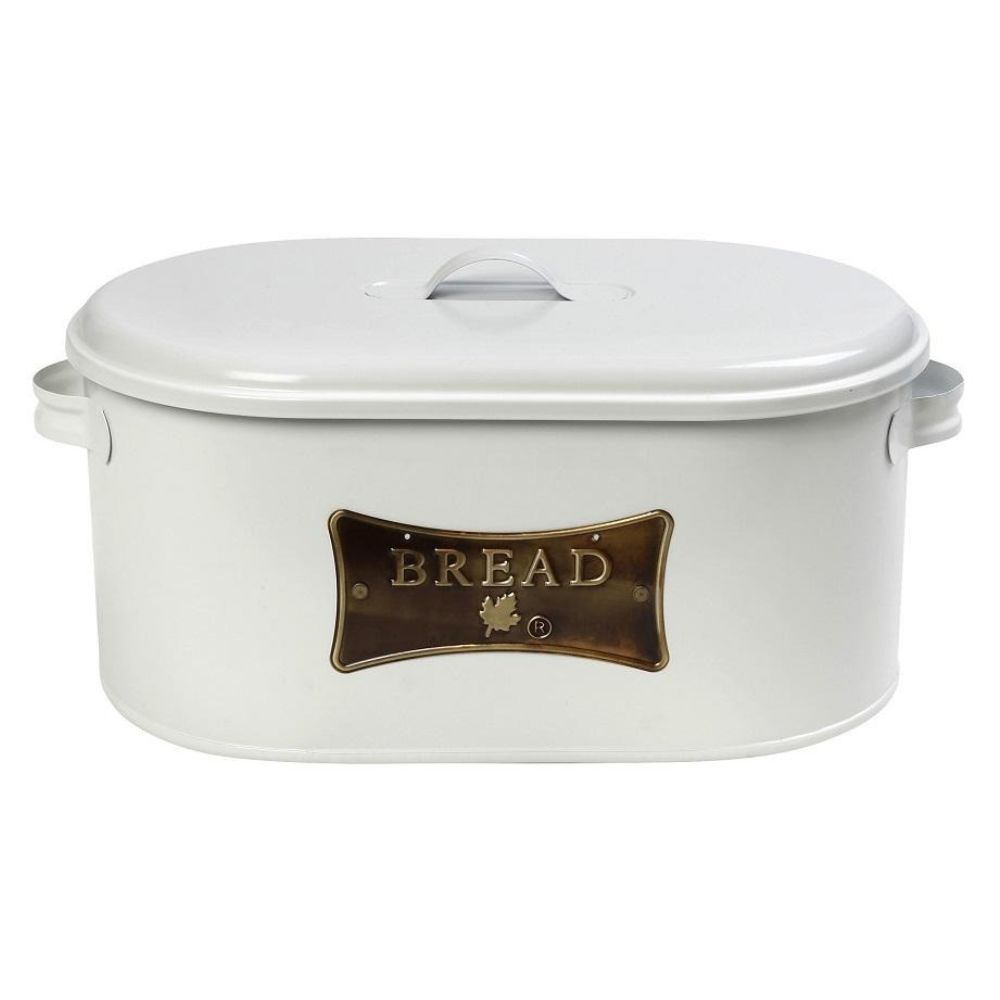 Μία λευκή μεταλλική ψωμιέρα με μεταλλικό καπάκι και μεταλλική μπρονζέ ετικέτα bread
