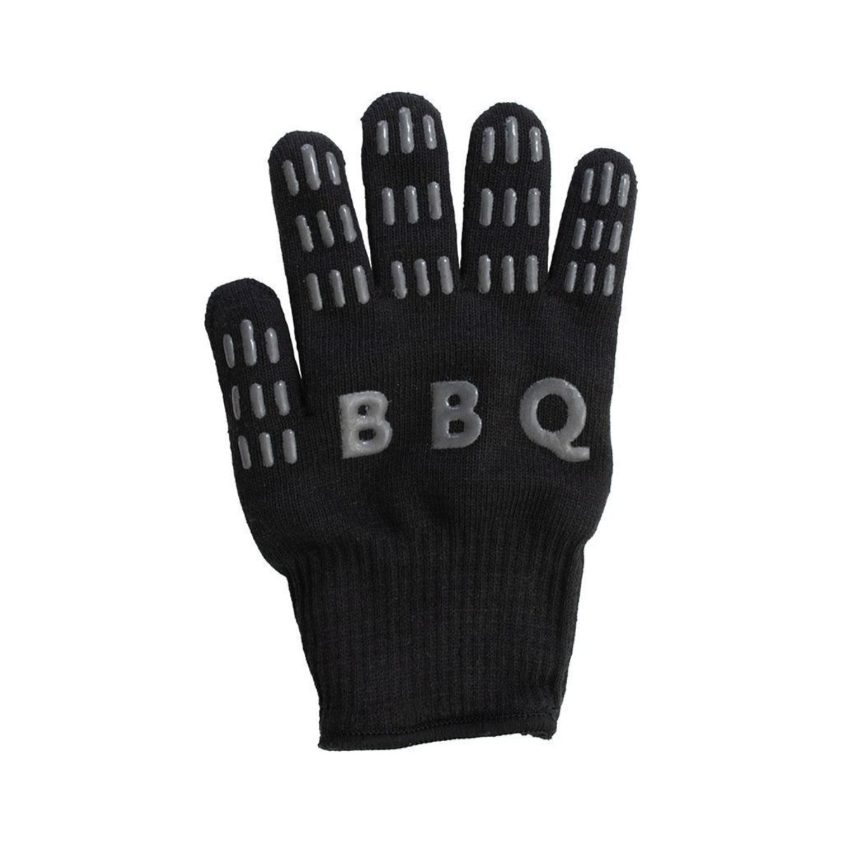 Ένα μαύρο βαμβακερό γάντι ψησίματος με αντιολισθητική επίστρωση σιλικόνης φωτογραφισμένο κάθετα