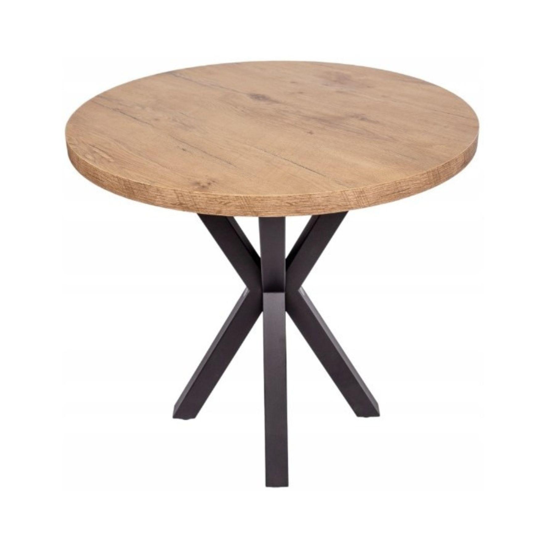 Ένα τραπεζάκι με μαύρη μεταλλική βάση και μία στρόγγυλη ξύλινα επιφάνεια σε φυσικό χρώμα
