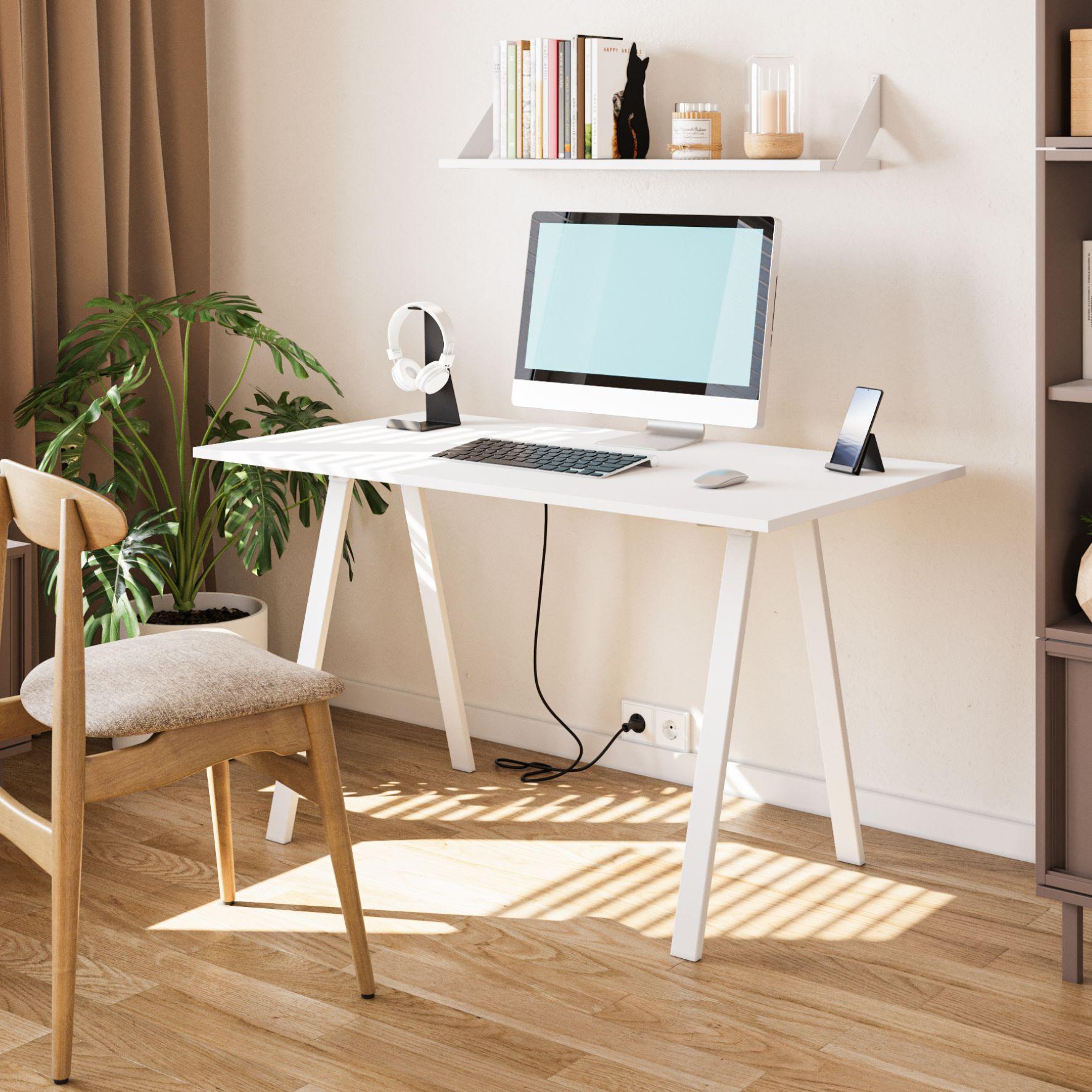 Μία μεταλλική βάση γραφείου εργασίας σε λευκό χρώμα με πόδια σε σχήμα Λ με μαύρη επιφάνεια.