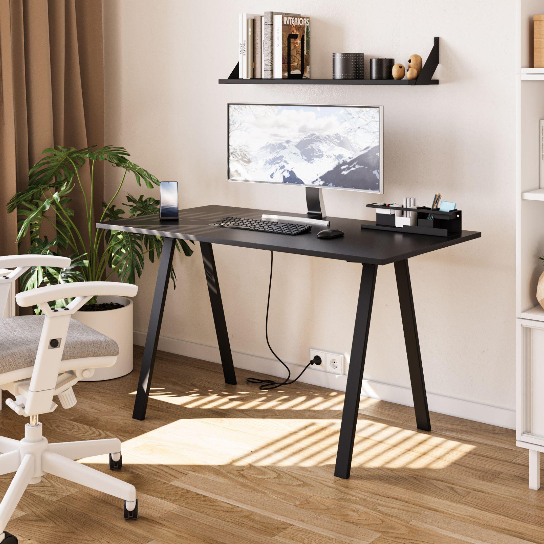 Μία μεταλλική βάση γραφείου εργασίας σε μαύρο χρώμα με πόδια σε σχήμα Λ με μαύρη επιφάνεια.