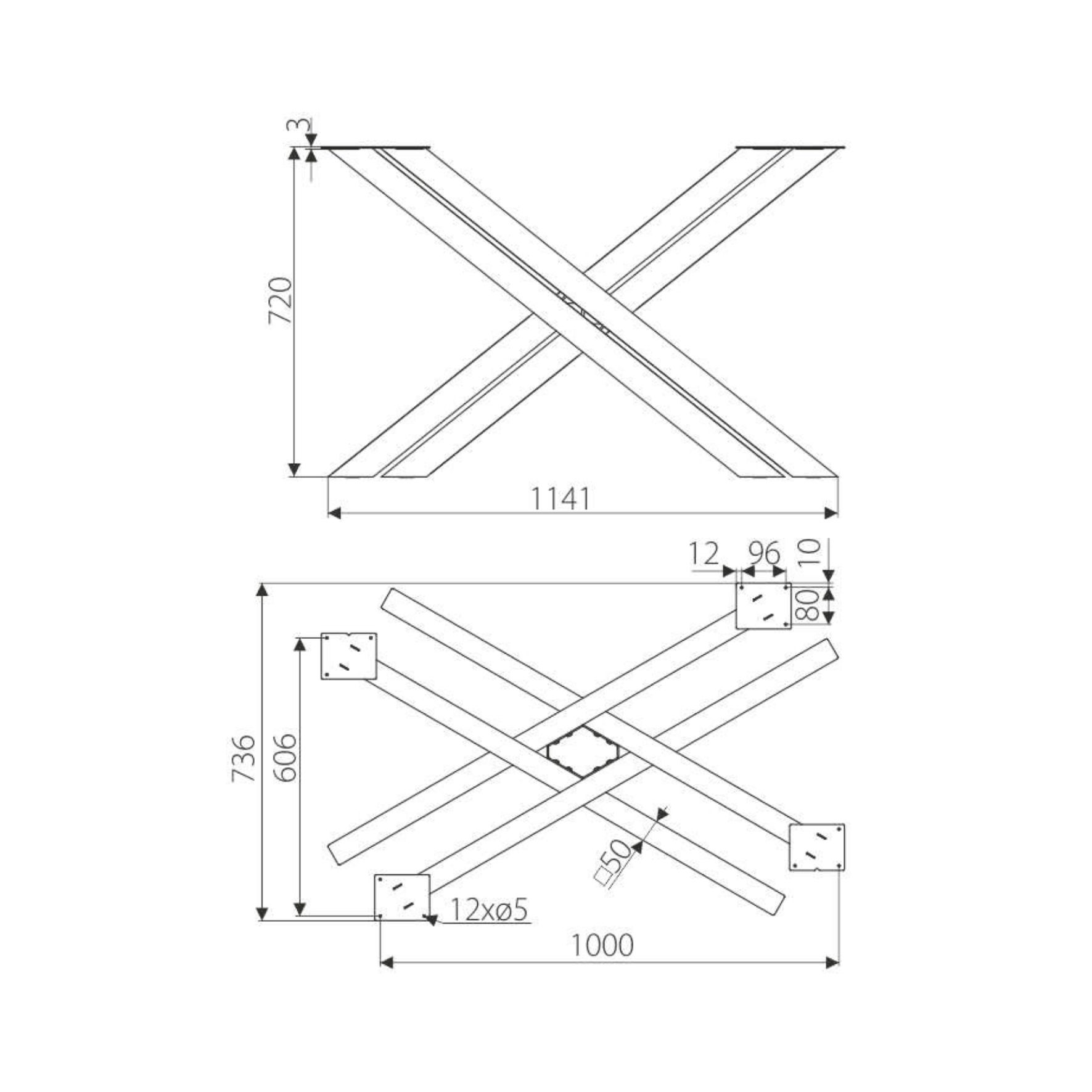 Βάση Τραπεζιού Χιαστί 114x73x72 cm – Τεχνικό Σχέδιο | Creative Home Τεχνικό σχέδιο της μεταλλικής χιαστί βάσης τραπεζιού με διαστάσεις και γωνίες στήριξης.